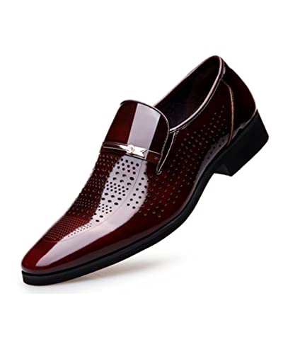 Mens Loafers Fashion Lace-ups Leather Pointed Toe Slippers Comfy Slip-on Business Dress Flats Breathable Driving Shoes Red