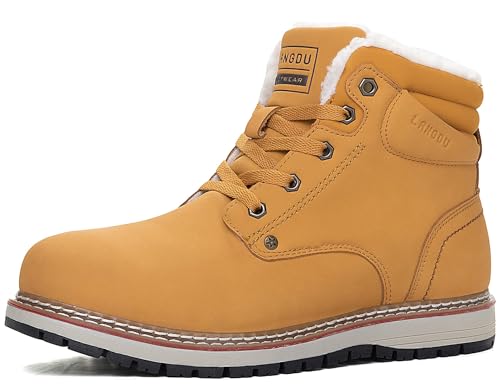 LANGDU Mens Winter Boots Walking Water Resistant Fur Lined Warm Snow Hiking Boot Size 7-11UK (LightYellow,9UK)