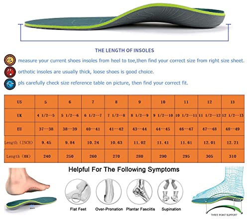Plantar Fasciitis Arch Support Orthopedic Insoles Relieve Flat Feet Heel Pain Shock Absorption Comfortable Insoles(Size:UK-9,Length:11.02",Green)