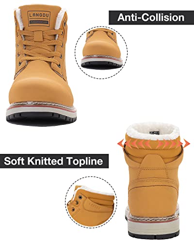 LANGDU Mens Winter Boots Walking Water Resistant Fur Lined Warm Snow Hiking Boot Size 7-11UK (LightYellow,9UK)