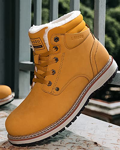 LANGDU Mens Winter Boots Walking Water Resistant Fur Lined Warm Snow Hiking Boot Size 7-11UK (LightYellow,9UK)