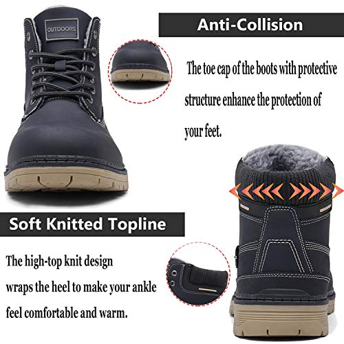 Winter Boots Mens Snow Boots Warm Ankle Fully Fur Lined Leather Work Shoes Outdoor Urban, Blue, 9 UK, 43 EU