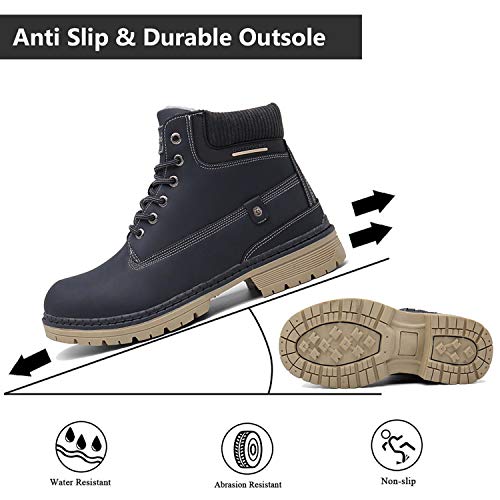 Winter Boots Mens Snow Boots Warm Ankle Fully Fur Lined Leather Work Shoes Outdoor Urban, Blue, 9 UK, 43 EU