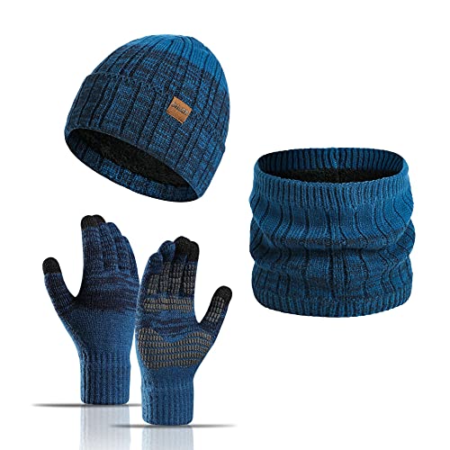 Hat and Gloves Set Men, Winter Beanie Hat Scarf Skull Cap Gloves Set Thermal Warm Knitted Hats Long Scarf 3 Pieces Soft Scarf for Men and Women Outdoor Sports (Lake blue)