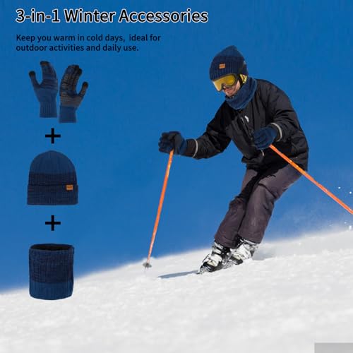 Hat and Gloves Set Men, Winter Beanie Hat Scarf Skull Cap Gloves Set Thermal Warm Knitted Hats Long Scarf 3 Pieces Soft Scarf for Men and Women Outdoor Sports (Lake blue)