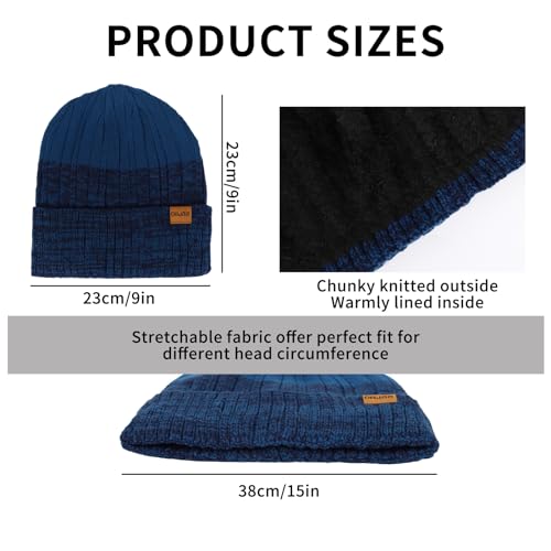 Hat and Gloves Set Men, Winter Beanie Hat Scarf Skull Cap Gloves Set Thermal Warm Knitted Hats Long Scarf 3 Pieces Soft Scarf for Men and Women Outdoor Sports (Lake blue)