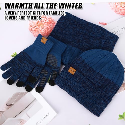 Hat and Gloves Set Men, Winter Beanie Hat Scarf Skull Cap Gloves Set Thermal Warm Knitted Hats Long Scarf 3 Pieces Soft Scarf for Men and Women Outdoor Sports (Lake blue)