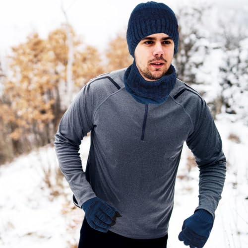 Hat and Gloves Set Men, Winter Beanie Hat Scarf Skull Cap Gloves Set Thermal Warm Knitted Hats Long Scarf 3 Pieces Soft Scarf for Men and Women Outdoor Sports (Lake blue)