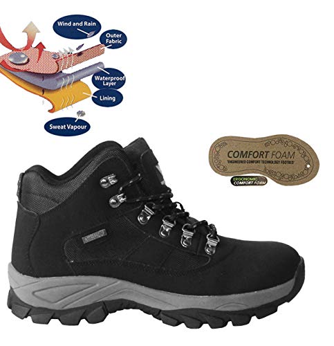 Wyre Valley Mens Gents Waterproof Genuine Leather Breathable Lace Up Memory Foam Hiking Outdoor Trekking Boots UK Sizes 7-12 (Black Action, Numeric_11)