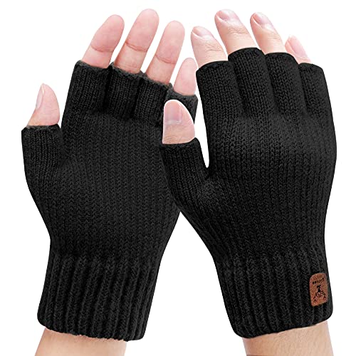 Kordear Fingerless Gloves - Mens Thermal Winter Gloves with Soft Lining Half Finger Warm Knitted Gloves for Men Outdoor Work Typing Driving Cycling Fishing