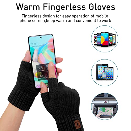 Kordear Fingerless Gloves - Mens Thermal Winter Gloves with Soft Lining Half Finger Warm Knitted Gloves for Men Outdoor Work Typing Driving Cycling Fishing