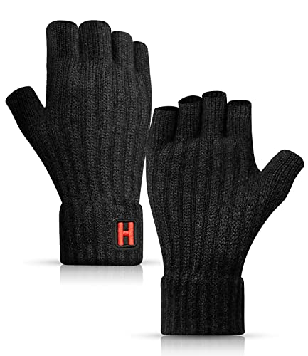 KEECOW Mens Womens Winter Warm Fleece Fingerless Gloves,Knited Half Finger Touch Screen Gloves with Soft Lining for Skiing,Running,Hiking,Driving(Black)