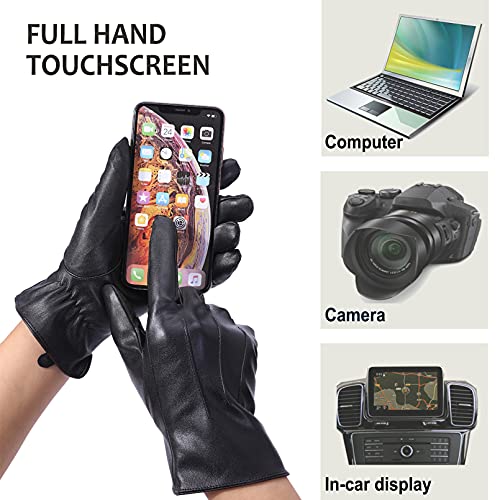 NOVBJECT Mens Leather Driving Gloves Full Touchscreen Winter Warm Gloves Fleece Lining, Black, M