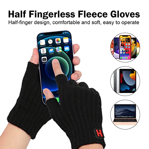 KEECOW Mens Womens Winter Warm Fleece Fingerless Gloves,Knited Half Finger Touch Screen Gloves with Soft Lining for Skiing,Running,Hiking,Driving(Black)