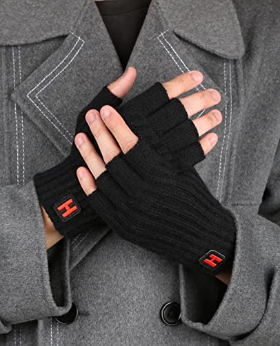 KEECOW Mens Womens Winter Warm Fleece Fingerless Gloves,Knited Half Finger Touch Screen Gloves with Soft Lining for Skiing,Running,Hiking,Driving(Black)