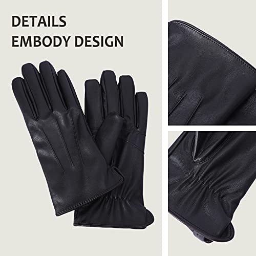 NOVBJECT Mens Leather Driving Gloves Full Touchscreen Winter Warm Gloves Fleece Lining, Black, M