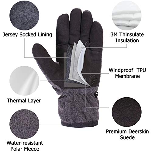 SKYDEER Winter Gloves with Soft Deerskin Suede Leather For Men and Women Cold Weather (SD8662T/XL, Warm 3M Thinsulate Insulation)