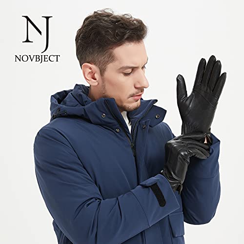 NOVBJECT Mens Leather Driving Gloves Full Touchscreen Winter Warm Gloves Fleece Lining, Black, M