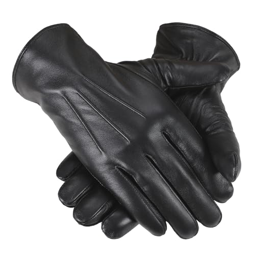 GSG Mens Wool Lined Leather Gloves Winter Touchscreen Warm Sheepskin Gloves Black Medium