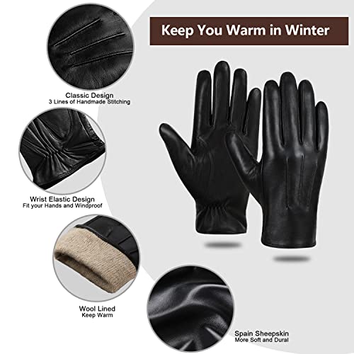 GSG Mens Wool Lined Leather Gloves Winter Touchscreen Warm Sheepskin Gloves Black Medium