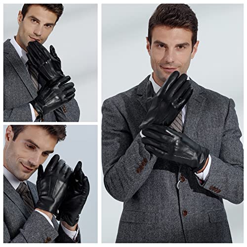 GSG Mens Wool Lined Leather Gloves Winter Touchscreen Warm Sheepskin Gloves Black Medium