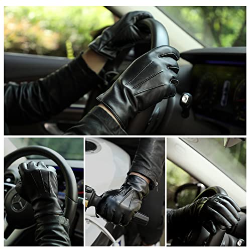 GSG Mens Wool Lined Leather Gloves Winter Touchscreen Warm Sheepskin Gloves Black Medium