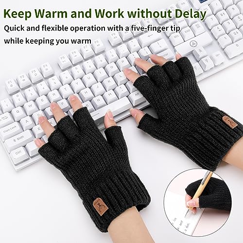 FRIUSATE 2 Pair Fingerless Gloves Thermal Winter Warm Half Finger Gloves Plush Knitted Gloves Outdoor Driving Working Running Cycling Gloves for Men and Women