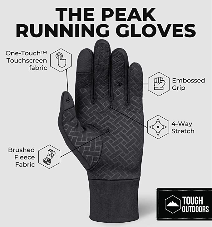 Tough Outdoors Running Gloves with Touch Screen - Winter Glove Liners for Texting, Cycling - Thin & Lightweight Cold Weather Thermal Gloves