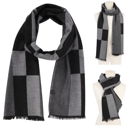 Men's Rough Scarf Cashmere Wool Touch like Scarf 70in x 12in, Warm Knitted Wool Long Scarf Business Plaid Scarf Men's Scarves For Autumn Winter Sports Running Driving (Black Grey)