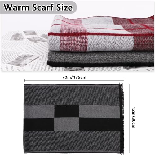 Men's Rough Scarf Cashmere Wool Touch like Scarf 70in x 12in, Warm Knitted Wool Long Scarf Business Plaid Scarf Men's Scarves For Autumn Winter Sports Running Driving (Black Grey)