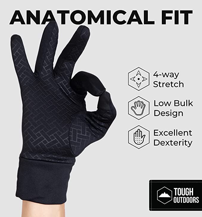 Tough Outdoors Running Gloves with Touch Screen - Winter Glove Liners for Texting, Cycling - Thin & Lightweight Cold Weather Thermal Gloves