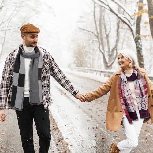 Men's Rough Scarf Cashmere Wool Touch like Scarf 70in x 12in, Warm Knitted Wool Long Scarf Business Plaid Scarf Men's Scarves For Autumn Winter Sports Running Driving (Black Grey)