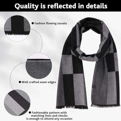 Men's Rough Scarf Cashmere Wool Touch like Scarf 70in x 12in, Warm Knitted Wool Long Scarf Business Plaid Scarf Men's Scarves For Autumn Winter Sports Running Driving (Black Grey)