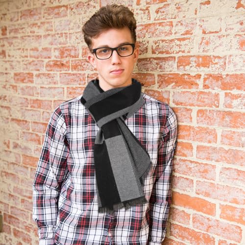 Men's Rough Scarf Cashmere Wool Touch like Scarf 70in x 12in, Warm Knitted Wool Long Scarf Business Plaid Scarf Men's Scarves For Autumn Winter Sports Running Driving (Black Grey)