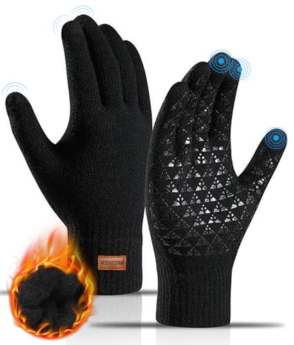 KEECOW-Mens-Gloves-Winter,Touch Screen Knitted Thermal-Gloves for Mens & Womens with Thickened Elastic Cuff,Non-slip Silicone for Typing Driving Fishing Hiking Climbing (Black)