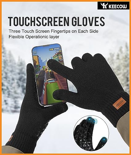 KEECOW-Mens-Gloves-Winter,Touch Screen Knitted Thermal-Gloves for Mens & Womens with Thickened Elastic Cuff,Non-slip Silicone for Typing Driving Fishing Hiking Climbing (Black)