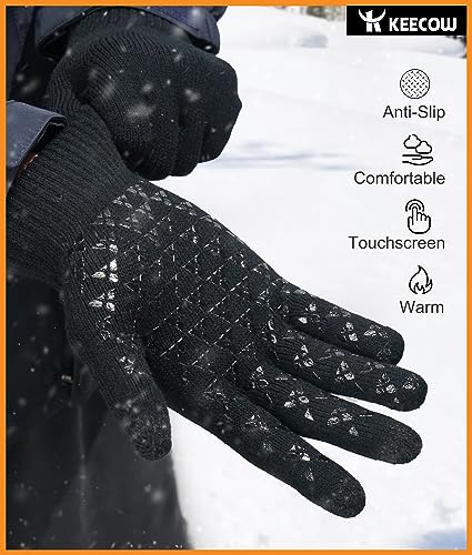 KEECOW-Mens-Gloves-Winter,Touch Screen Knitted Thermal-Gloves for Mens & Womens with Thickened Elastic Cuff,Non-slip Silicone for Typing Driving Fishing Hiking Climbing (Black)