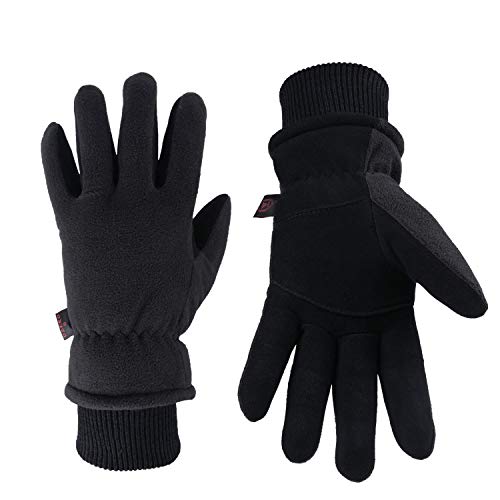 OZERO Thermal Gloves, Mens & Womens Deer Leather Winter Gloves for Cycling and Running, L, Black