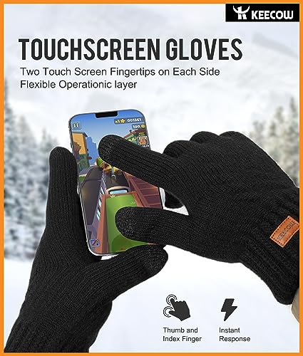 KEECOW Winter Gloves for Mens & Womens,Thermal Warm Knit Touchscreen Gloves with Fleece Lining for Running Ski Outdoor（Black）