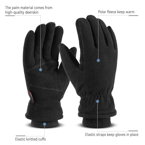OZERO Thermal Gloves, Mens & Womens Deer Leather Winter Gloves for Cycling and Running, L, Black