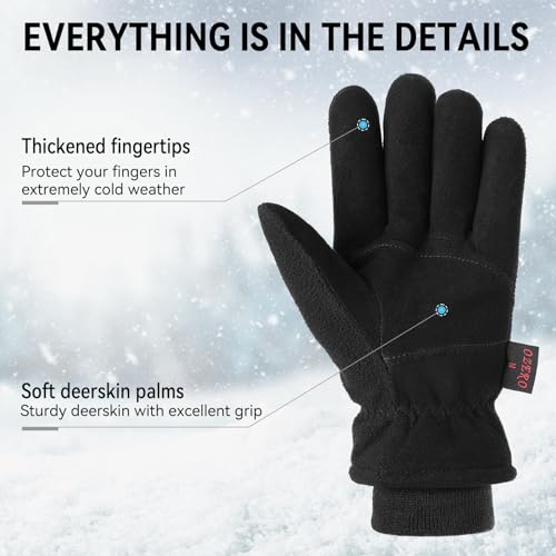 OZERO Thermal Gloves, Mens & Womens Deer Leather Winter Gloves for Cycling and Running, L, Black