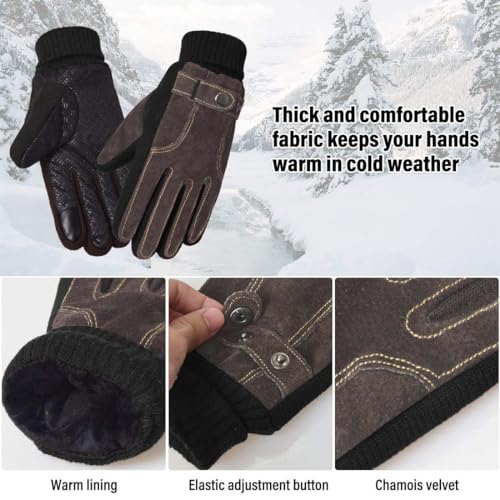 KXF Thermal Gloves, Mens Leather Winter Gloves Thick Warm Fleece Lined Windproof Cold Proof Touchscreen Gloves for Cycling Driving Running Camping Hiking