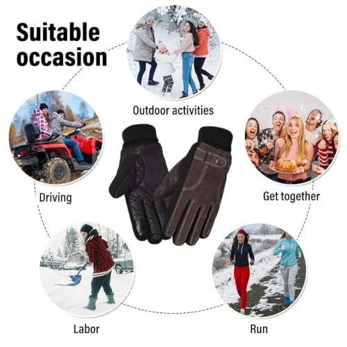 KXF Thermal Gloves, Mens Leather Winter Gloves Thick Warm Fleece Lined Windproof Cold Proof Touchscreen Gloves for Cycling Driving Running Camping Hiking