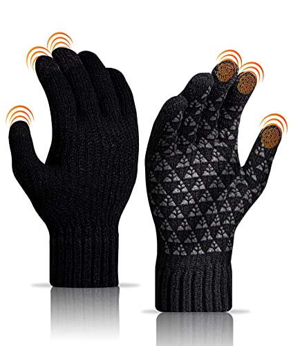 Protado Winter Gloves Men, Upgraded Touch Screen Gloves Anti-Slip Silicone Gel Thermal Soft Wool Lining Knitted Gloves Elastic Cuff for Cycling Driving Hiking Climbing Skiing (M)