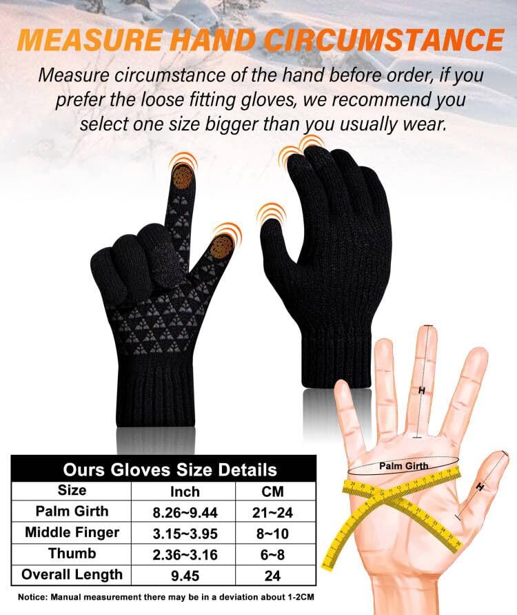 Protado Winter Gloves Men, Upgraded Touch Screen Gloves Anti-Slip Silicone Gel Thermal Soft Wool Lining Knitted Gloves Elastic Cuff for Cycling Driving Hiking Climbing Skiing (M)
