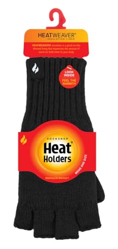 HEAT HOLDERS - Mens Winter Warm 2.3 TOG Fleece Lined Insulated Knit Thermal Fingerless Gloves (One Size, Black 2)