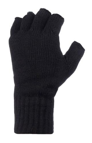 HEAT HOLDERS - Mens Winter Warm 2.3 TOG Fleece Lined Insulated Knit Thermal Fingerless Gloves (One Size, Black 2)