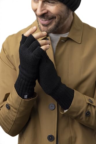 HEAT HOLDERS - Mens Winter Warm 2.3 TOG Fleece Lined Insulated Knit Thermal Fingerless Gloves (One Size, Black 2)