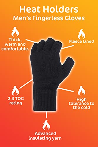 HEAT HOLDERS - Mens Winter Warm 2.3 TOG Fleece Lined Insulated Knit Thermal Fingerless Gloves (One Size, Black 2)