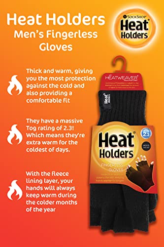 HEAT HOLDERS - Mens Winter Warm 2.3 TOG Fleece Lined Insulated Knit Thermal Fingerless Gloves (One Size, Black 2)